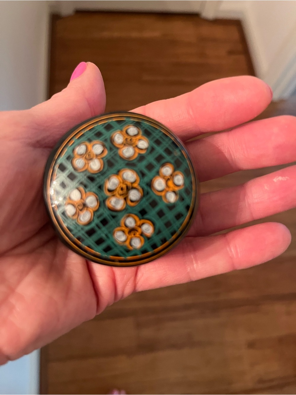 Decorative Green Enamel Round Trinket Box with Floral Motif